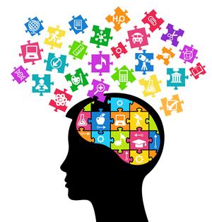 A persons head with the brain forming a puzzle, the piece all aligning together in different colors.