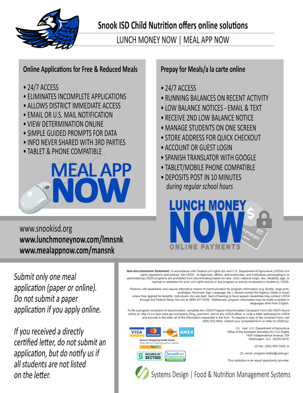 Snook ISD Child Nutrition offers online solutions, Lunch Money Now and Meal App Now