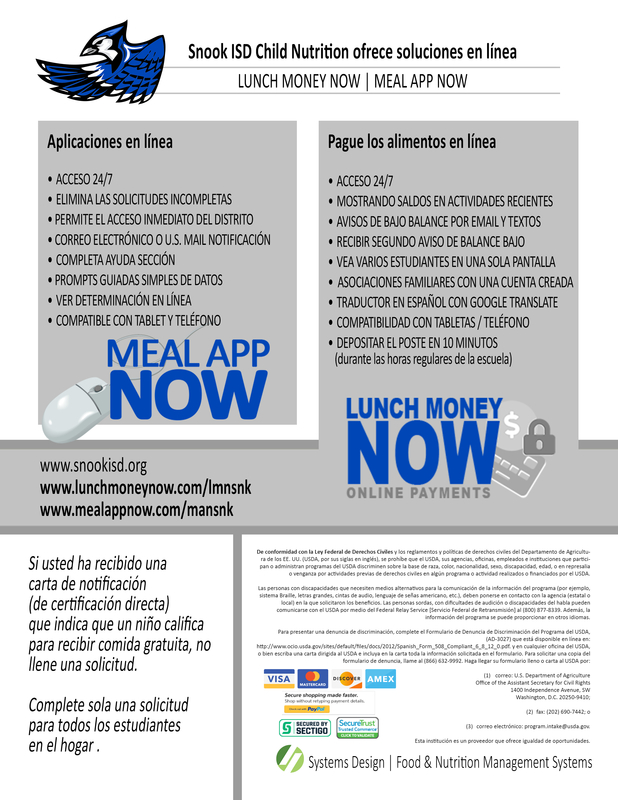 Snook ISD Child Nutrition offers online solutions, Lunch Money Now and Meal App Now details in Spanish