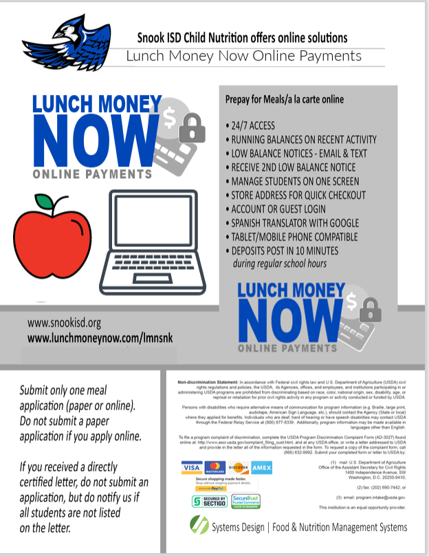 Snook ISD Child Nutrition offers online solutions, Lunch Money Now
