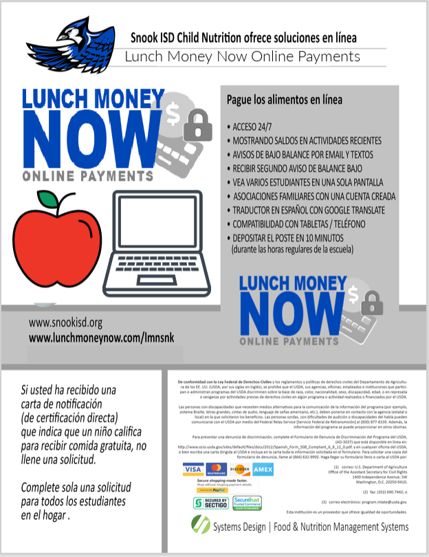 Snook ISD Child Nutrition offers online solutions, Lunch Money Now details in Spanish