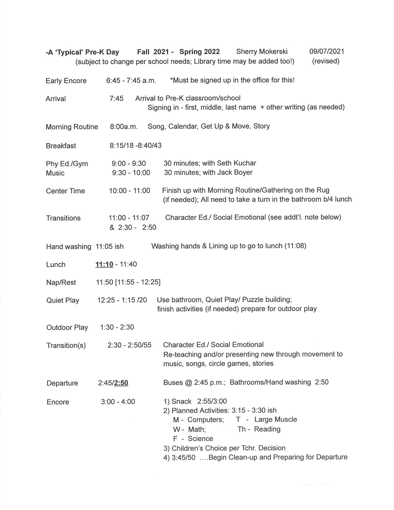 PreK Daily Schedule