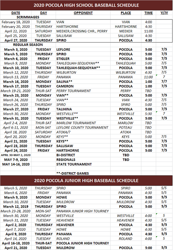 An image with the 2020 Pocola High School Baseball Schedule.