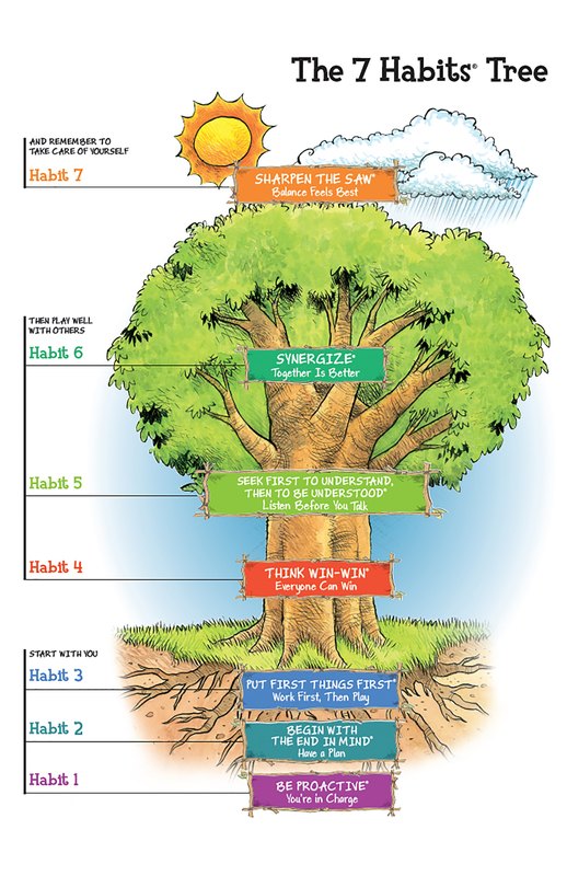 The 7 Habits Tree: Sharpen the Saw, Synergize, Seek first to understand then be understood, think win-win, put first things first, begin with the end in mind, be proactive