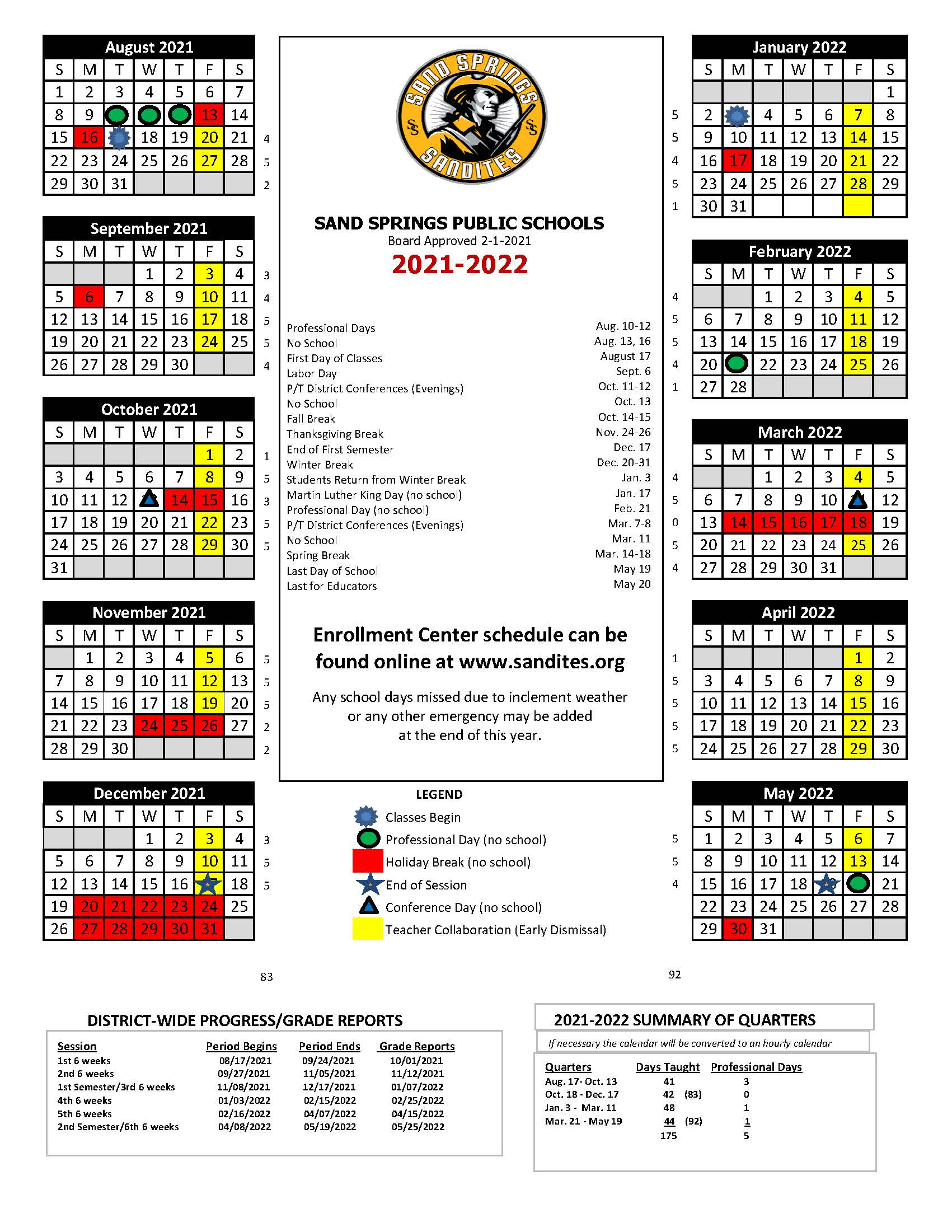 Approved School Calendars Sand Springs Public Schools
