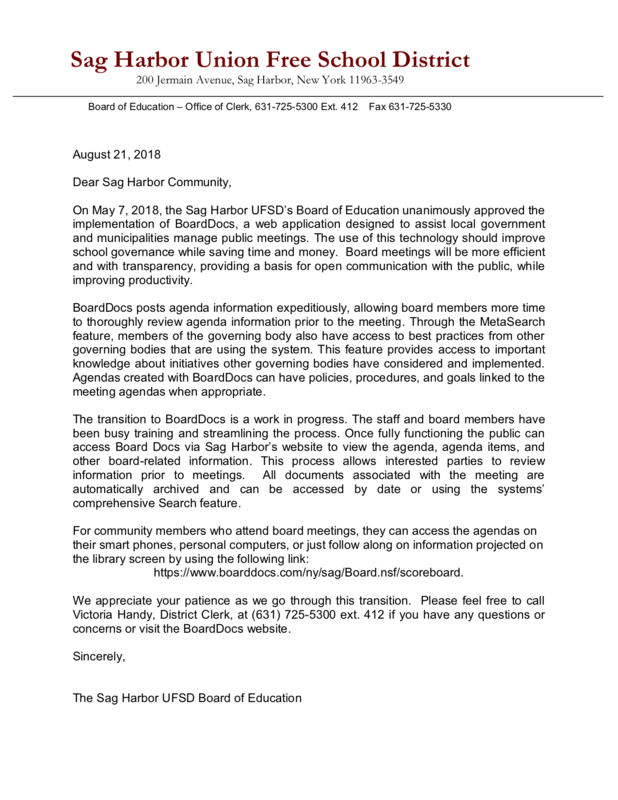 Sar Harbor Union Free School District letter.