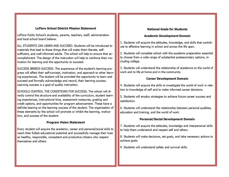 Information about LeFlore Public Schools including the district mission statement, vision statement, and national goals for students