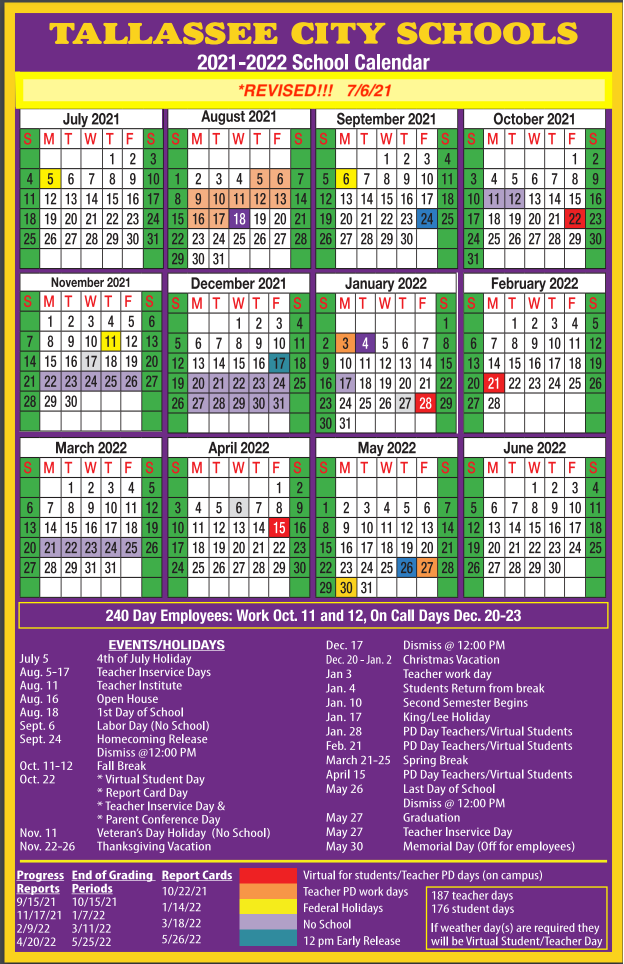 2021 2022 School Calendar Tallassee Elementary School