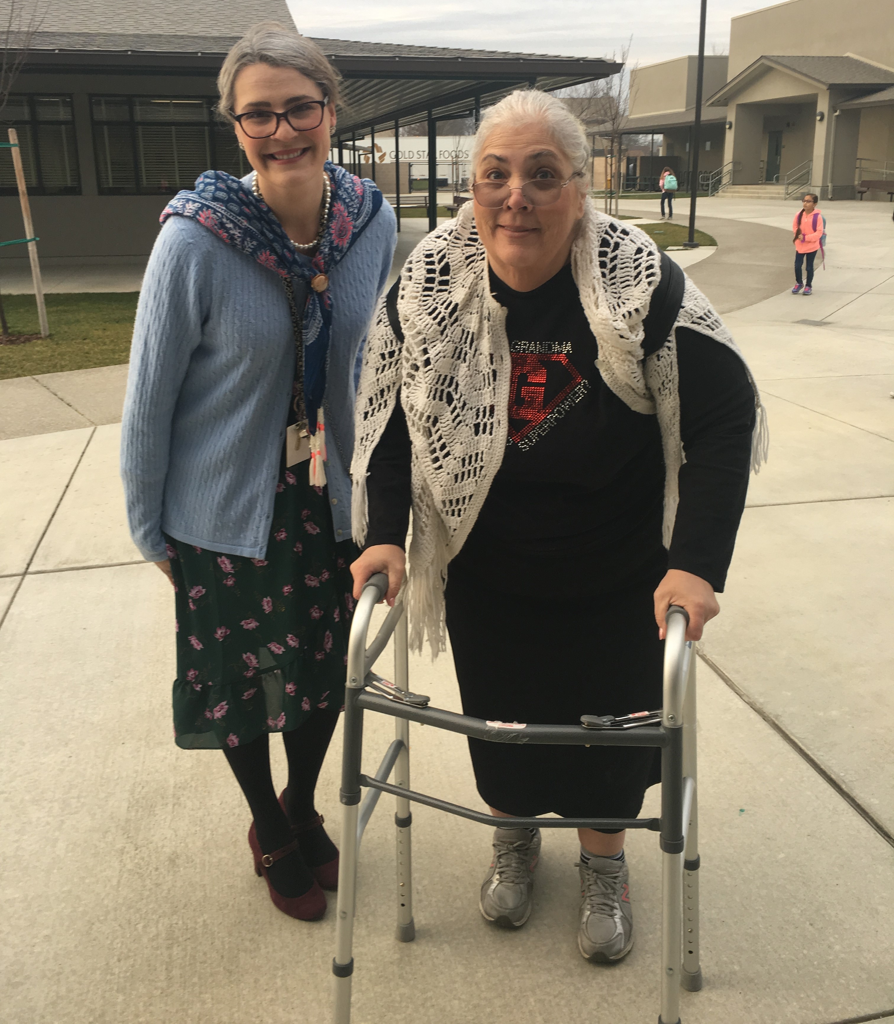 Students wearing different funny looking glasses and the teachers dressed up as elderly for the day.