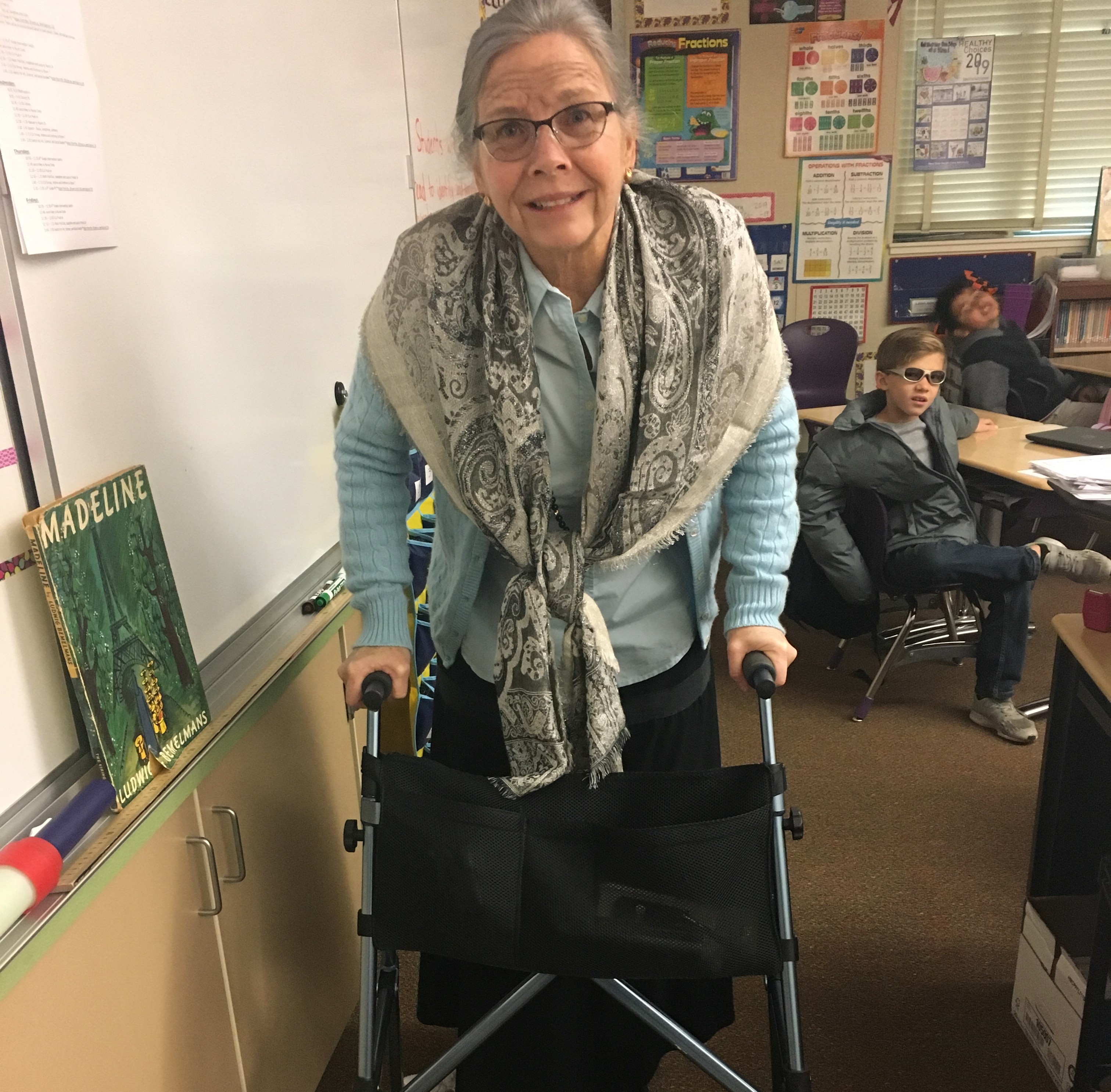 Students wearing different funny looking glasses and the teachers dressed up as elderly for the day.