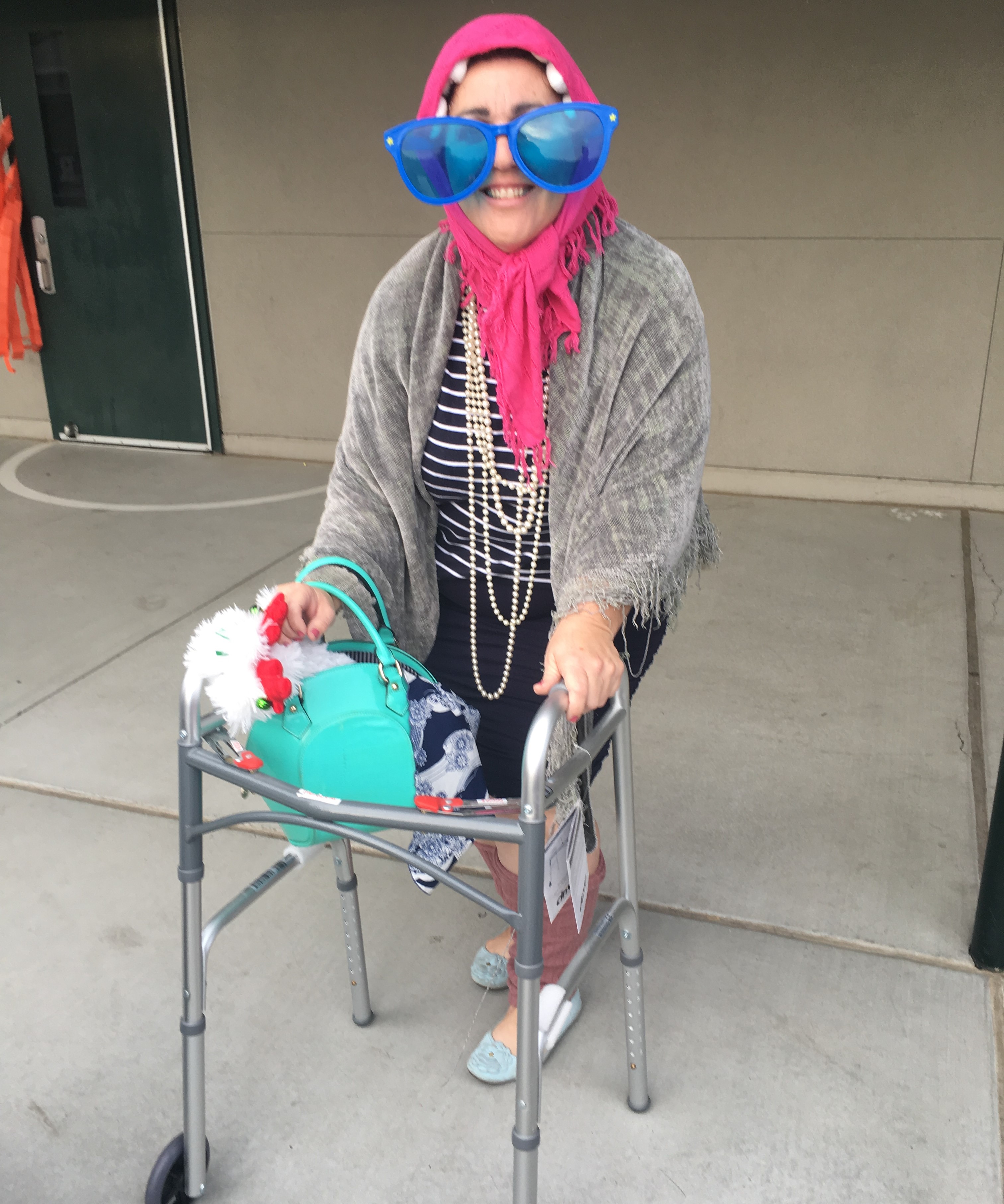 Students wearing different funny looking glasses and the teachers dressed up as elderly for the day.