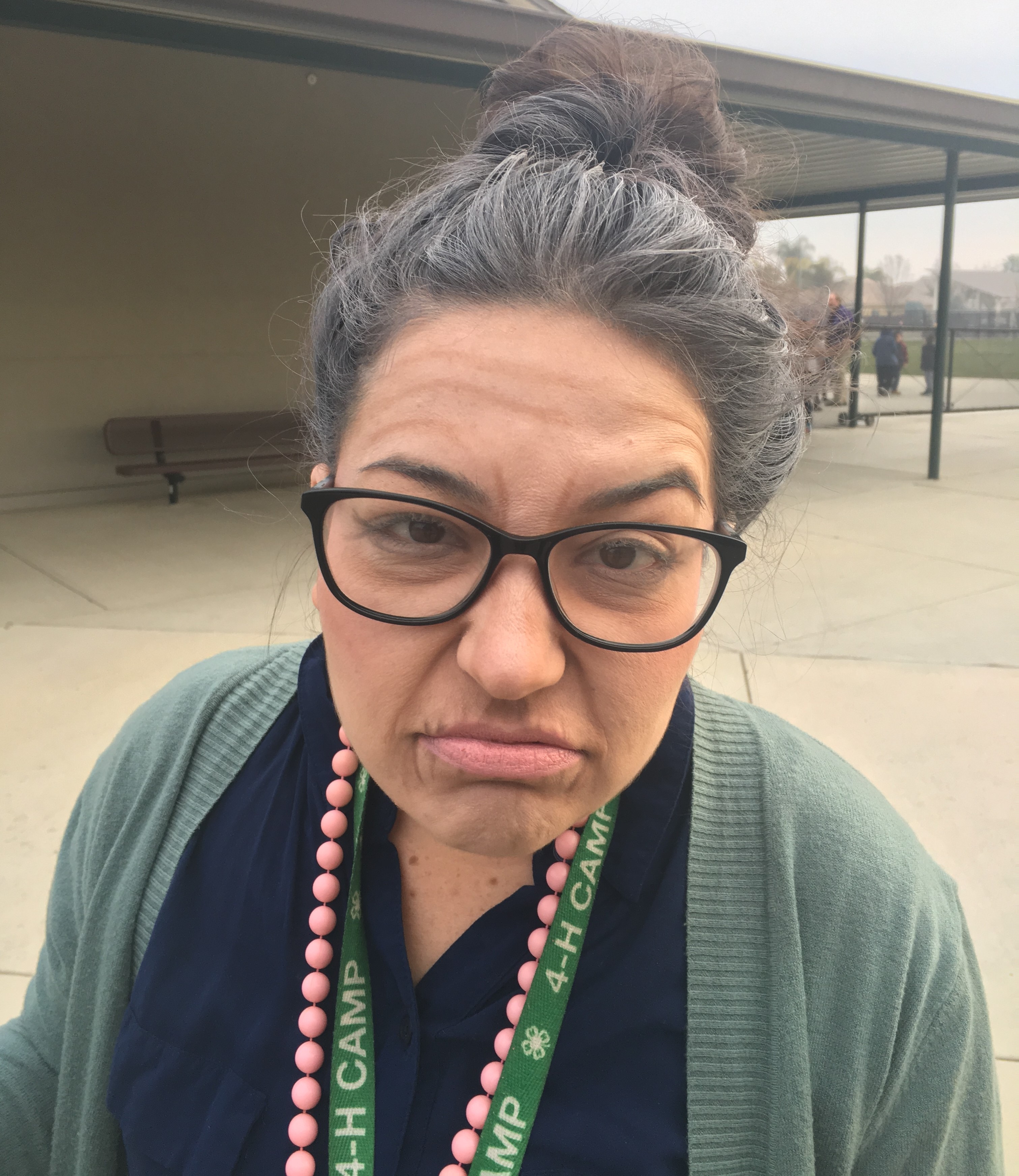 Students wearing different funny looking glasses and the teachers dressed up as elderly for the day.
