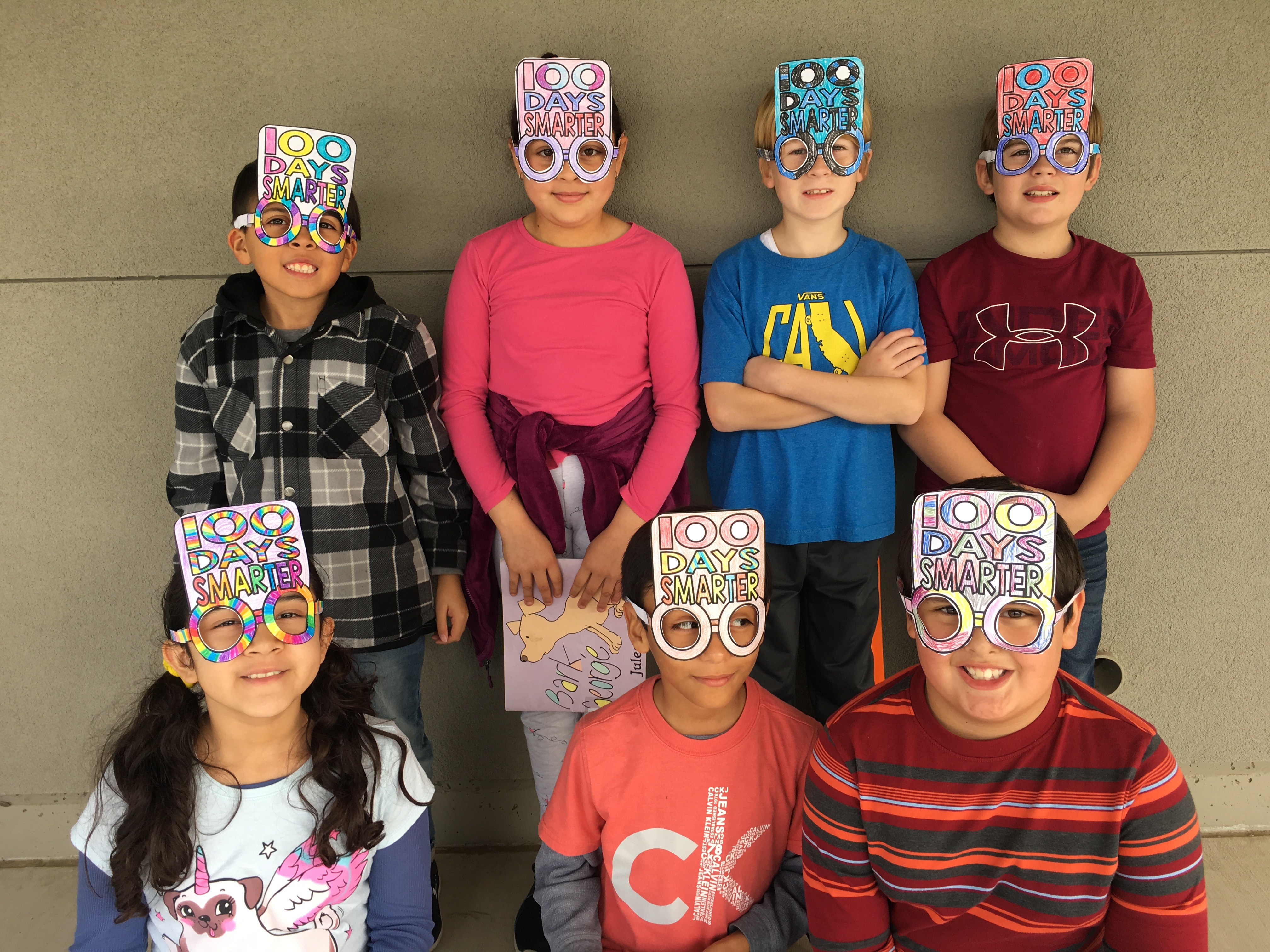 Students wearing different funny looking glasses and the teachers dressed up as elderly for the day.
