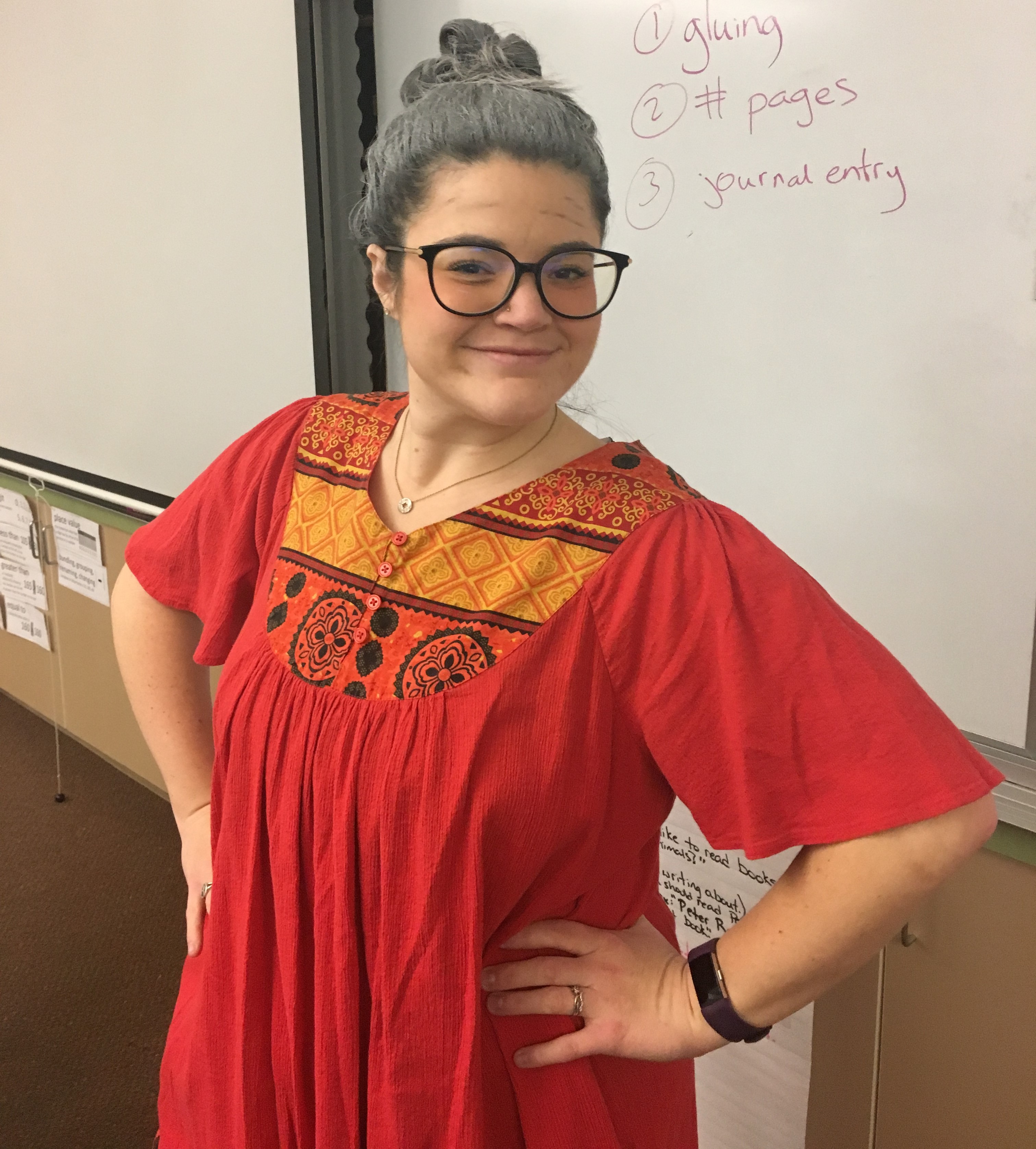 Students wearing different funny looking glasses and the teachers dressed up as elderly for the day.