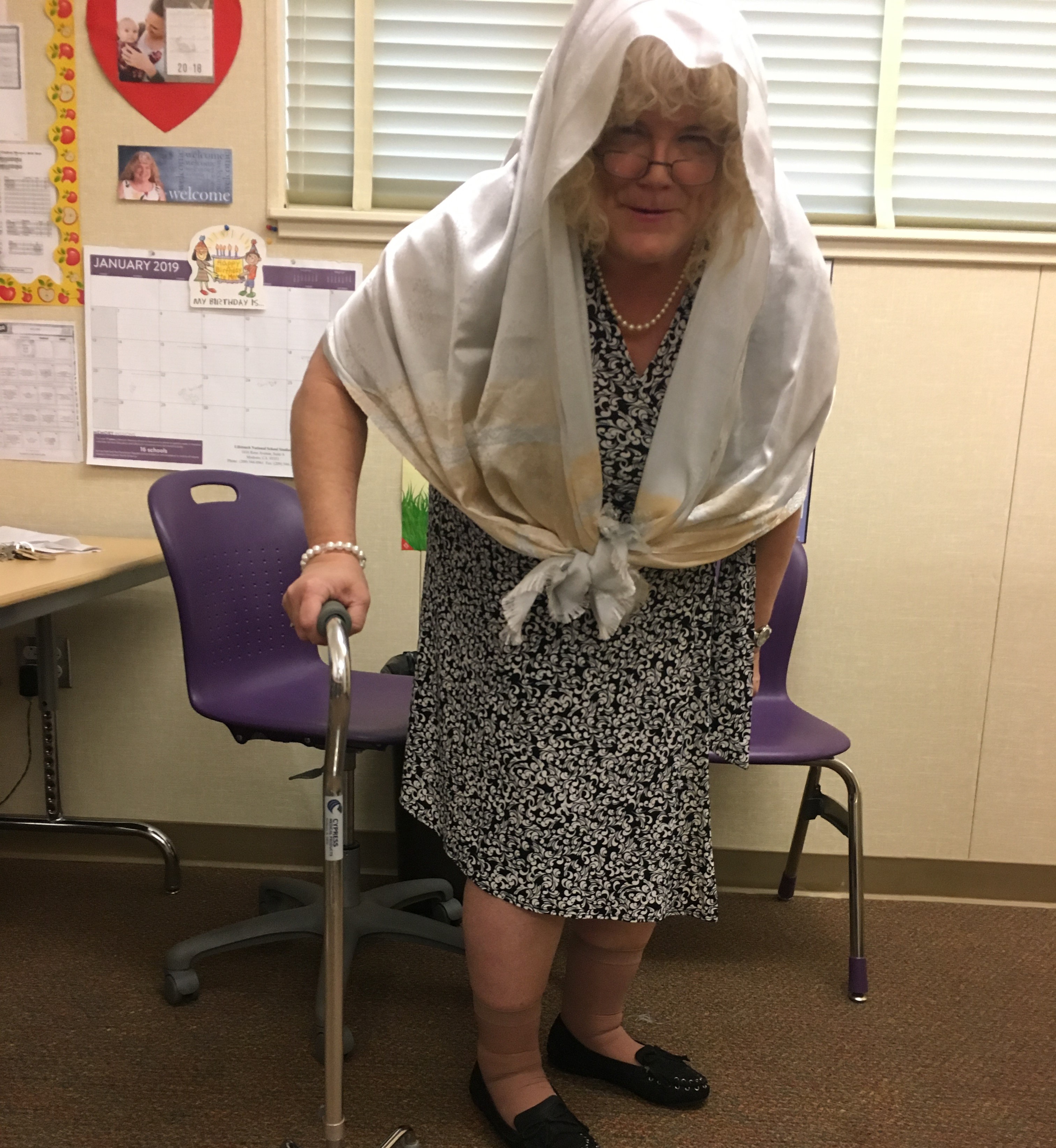 Students wearing different funny looking glasses and the teachers dressed up as elderly for the day.