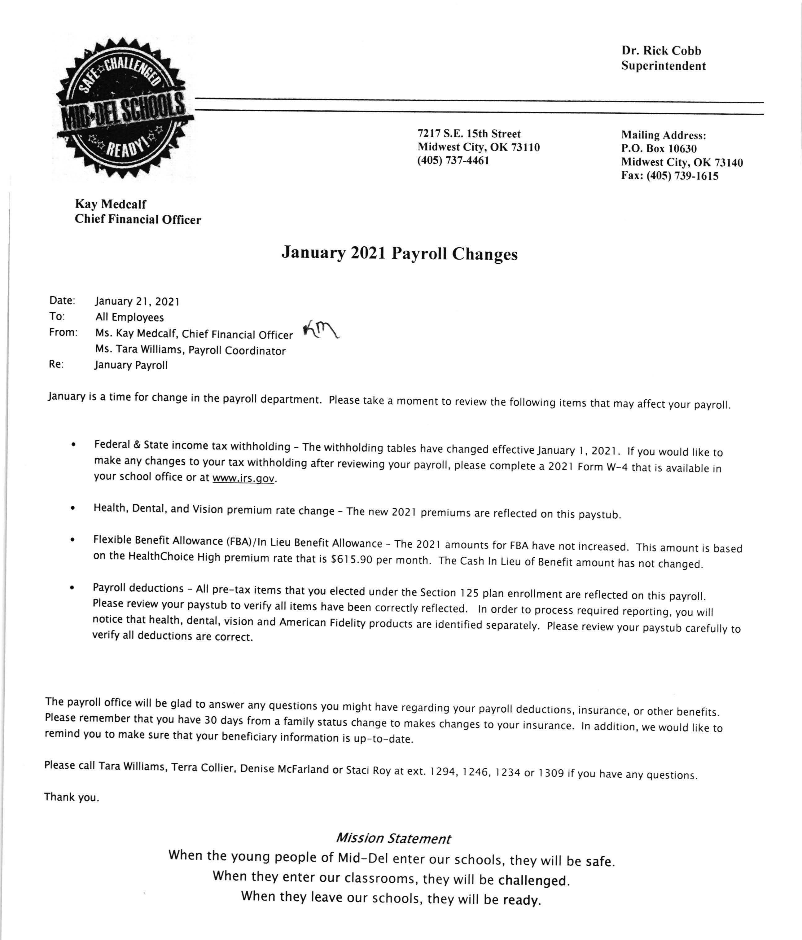 Jan 2021 Payroll changes