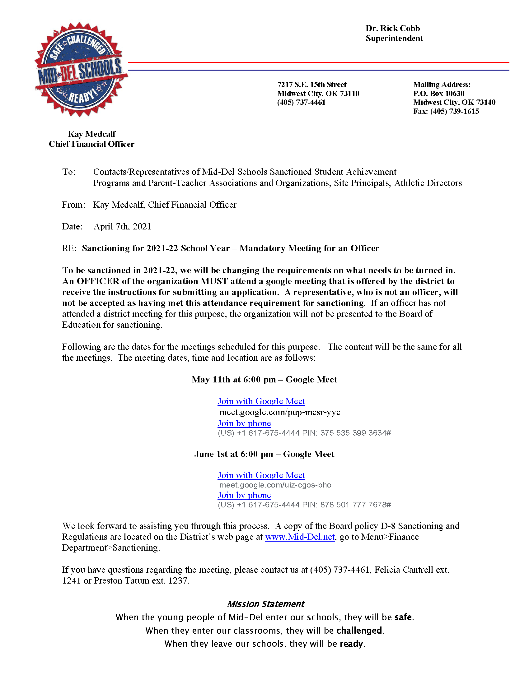 Sanctioning meetings for the 2020-2021