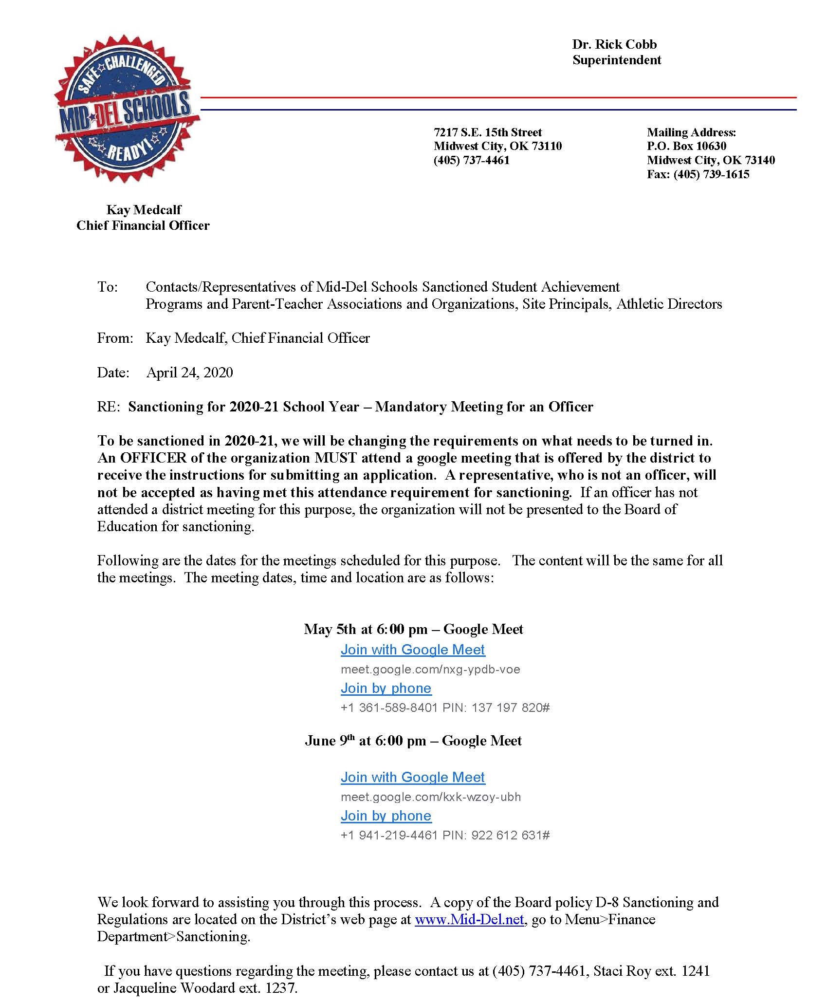 Sanctioning meetings for the 2020-2021