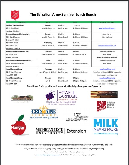 Salvation Army Lunch Buddies schedule