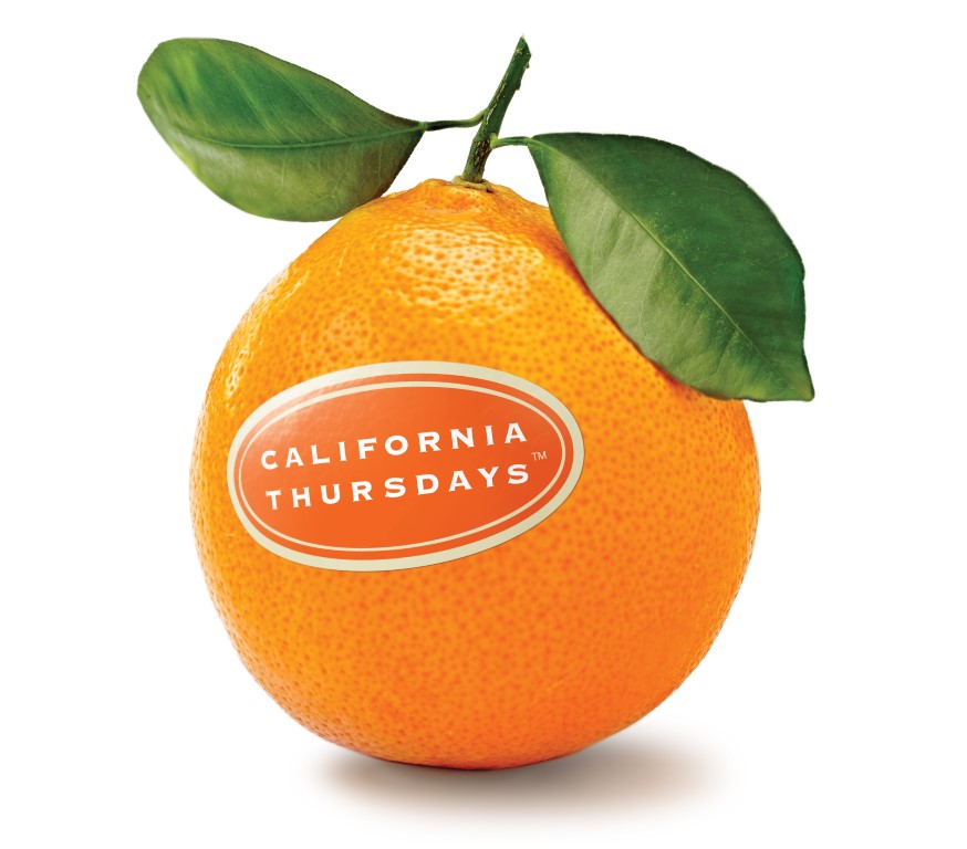 A photo of an orange with a sticker reading "California Thursdays"