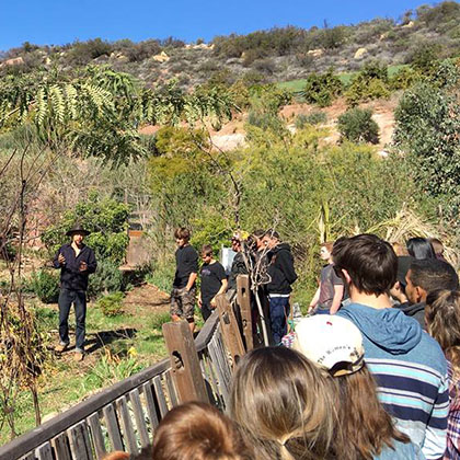 A group of students and teachers all climbing up towards a small mountain