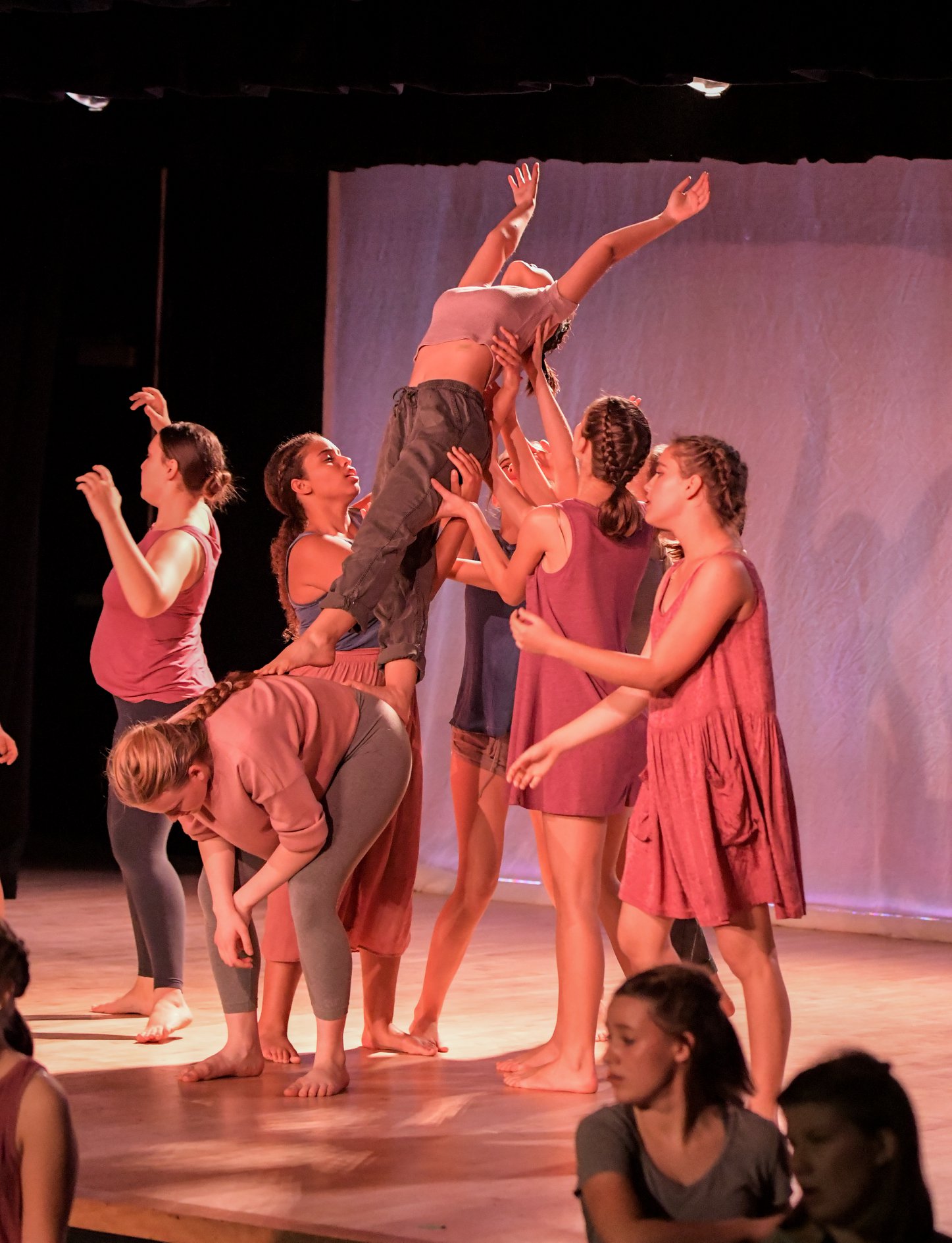 One photo of the performance, one of the girls being lifted up with the help of a group while the others dance around them