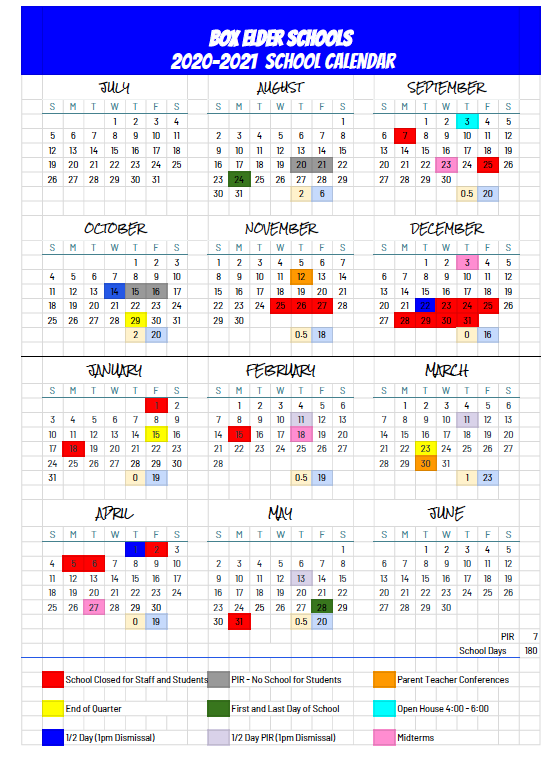 School Calendar Box Elder Public Schools