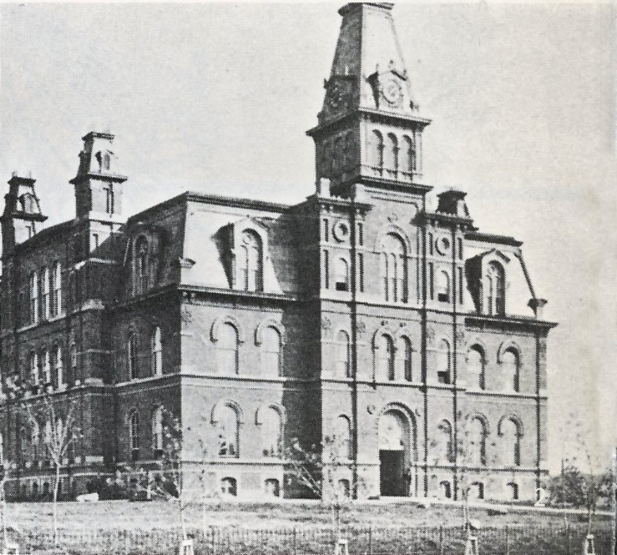 Black and white photo of the school's building.
