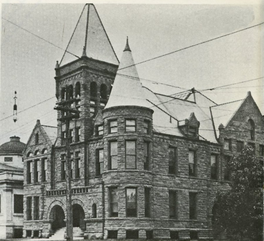 Black and white photo of the school's building.