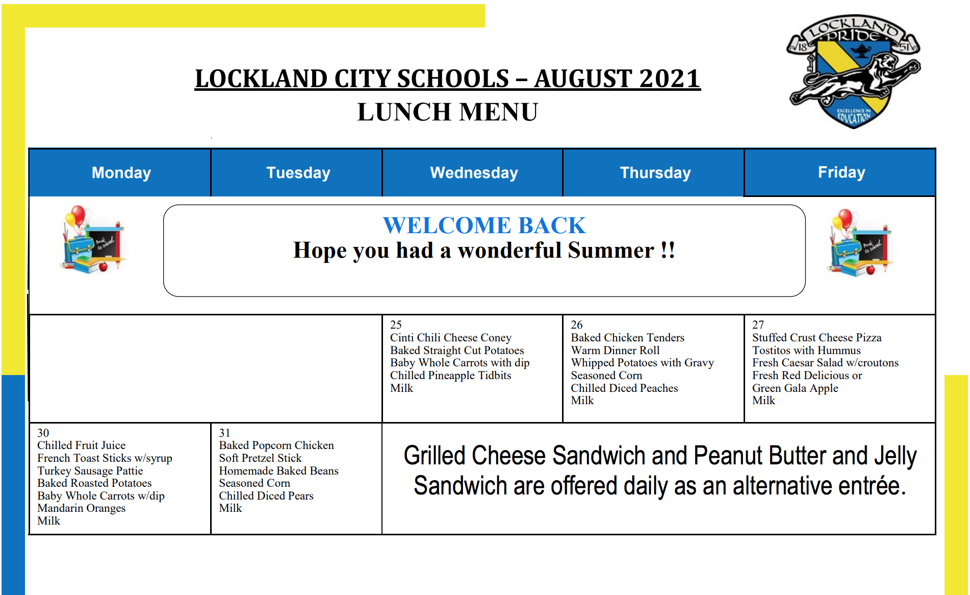 Lockland Lunch Menu August 21