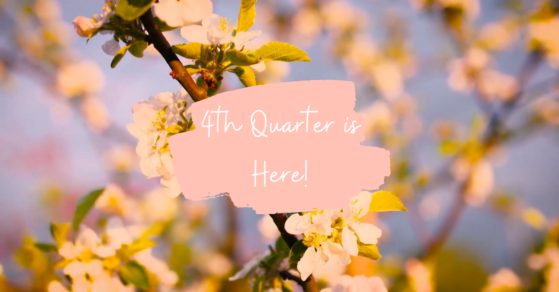 White letters saying '4th Quarter is here' on a pale pink swatch with flowering branches in the background