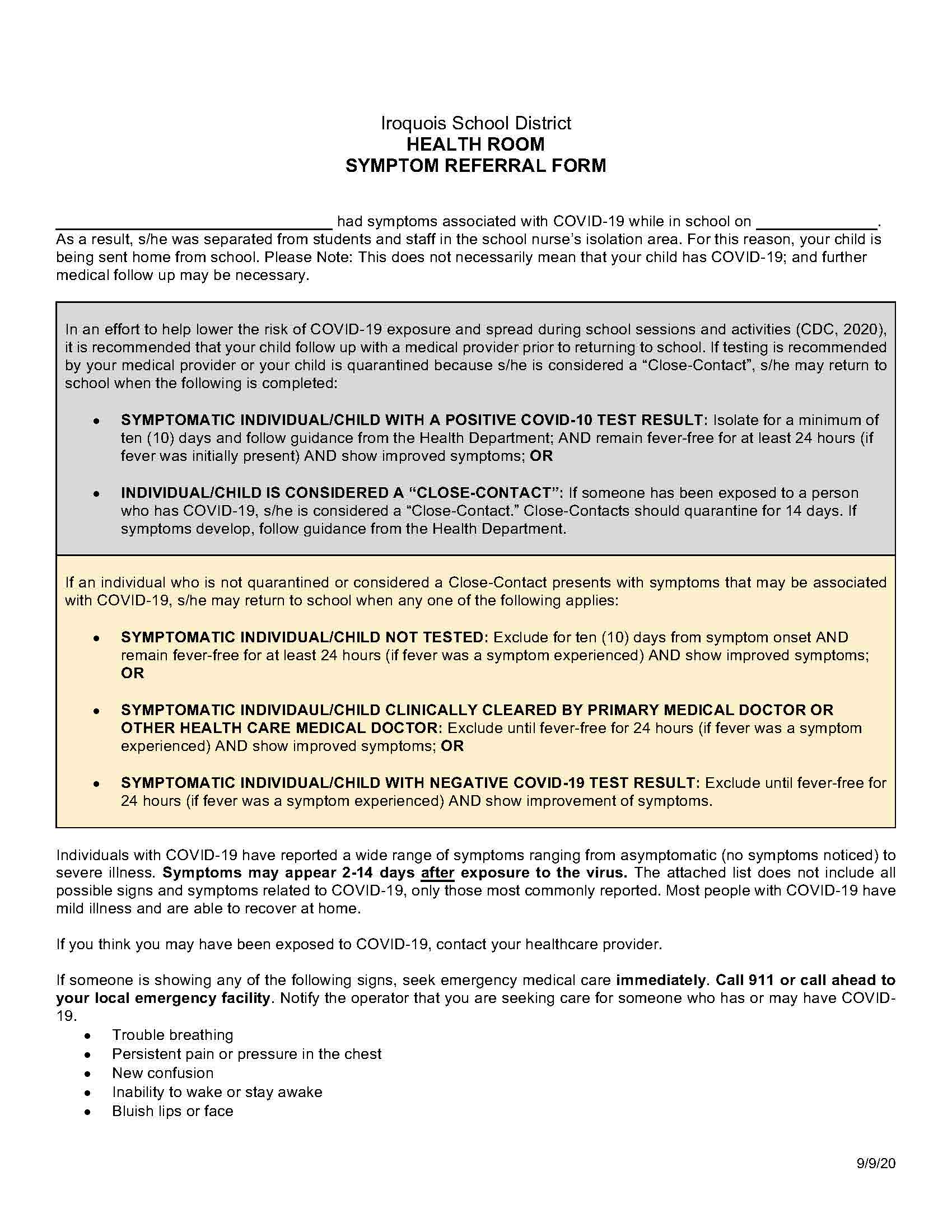 Health Room Symptom Referral Form
