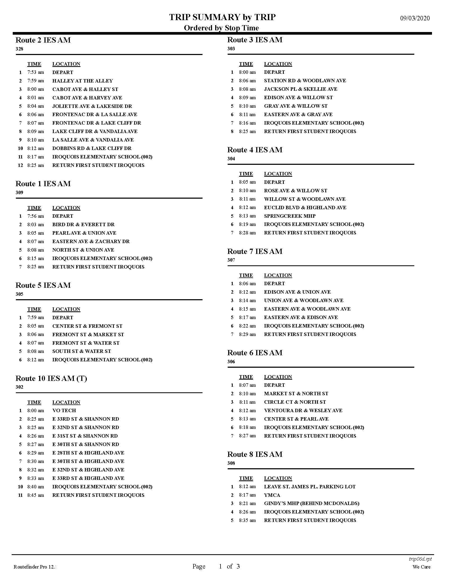 List of Elementary School Bus Routes page 1 of 3