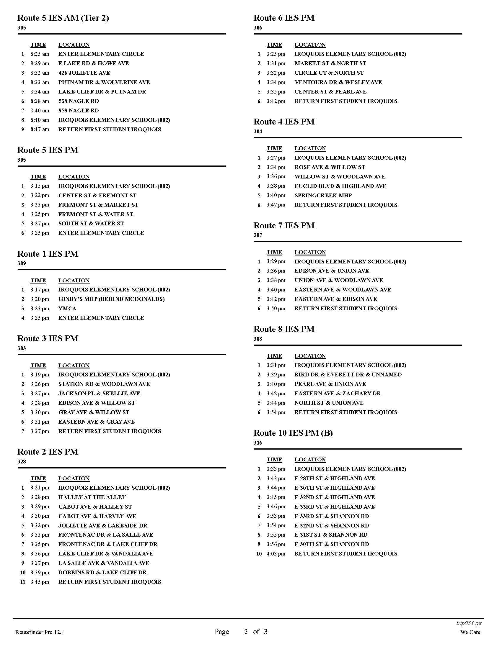 List of Elementary Schoo bus routes page 2 of 3