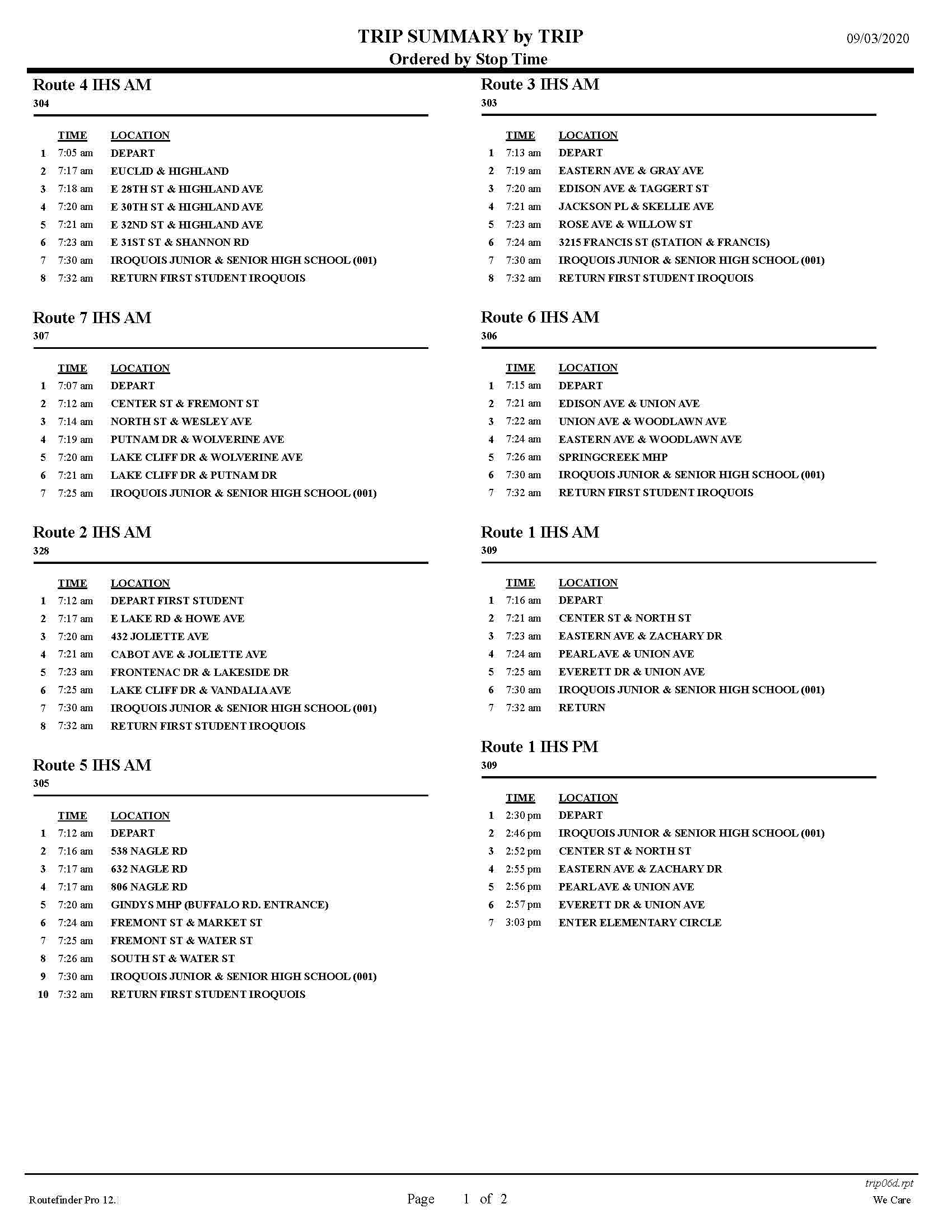 Junior High Bus Routes Page 1 of 2