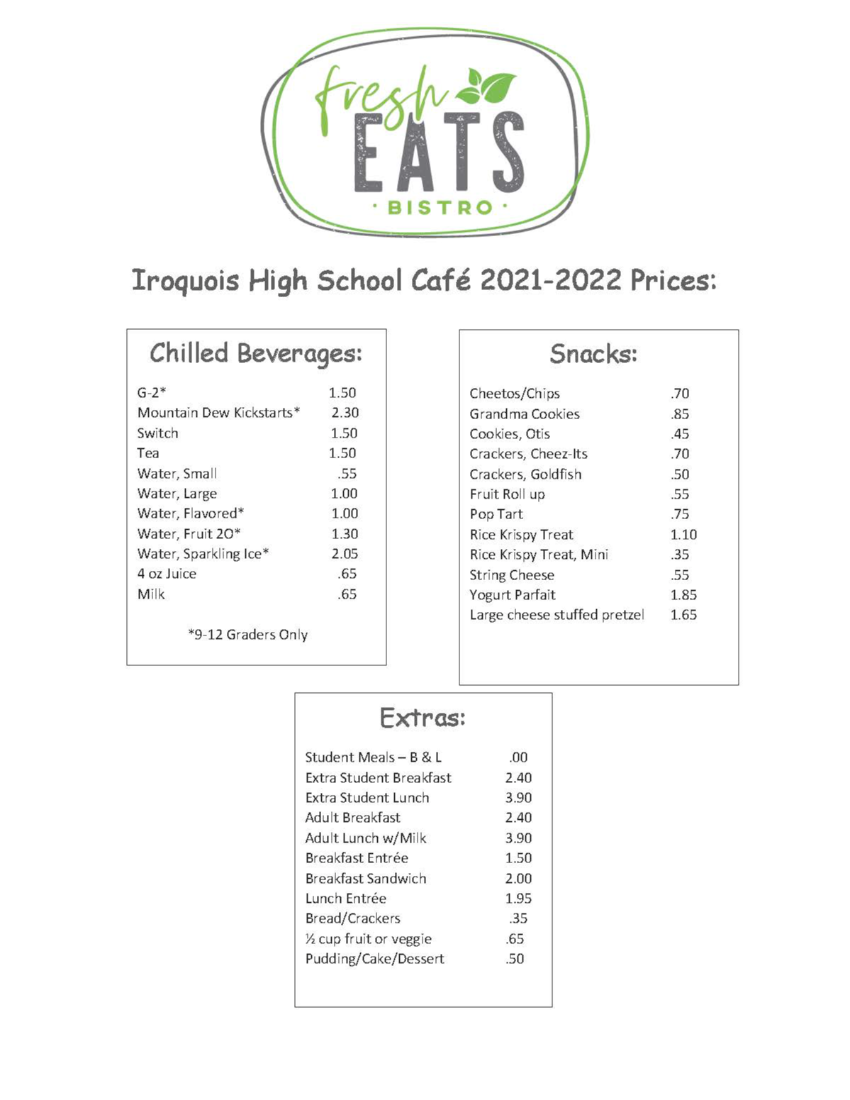 ELEMENTARY SCHOOL A LA CARTE PRICE LIST