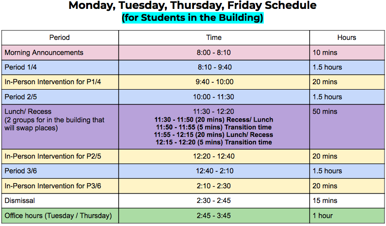 SPRING SEMESTER 2021 HYBRID SCHEDULE (STARTING 3/1)