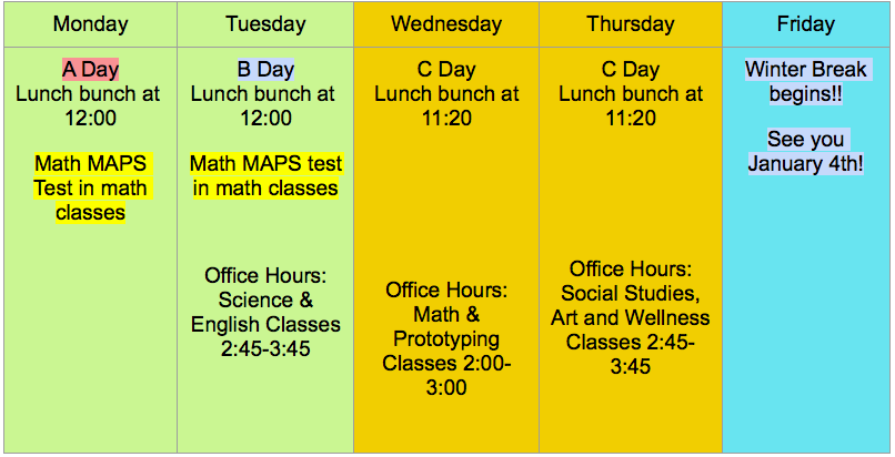 A & B Day Class Times (Mon, Tues, Thurs, Fri)