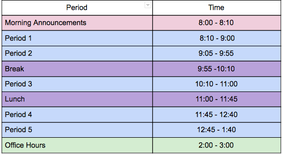C Day Class Times (Wednesdays)