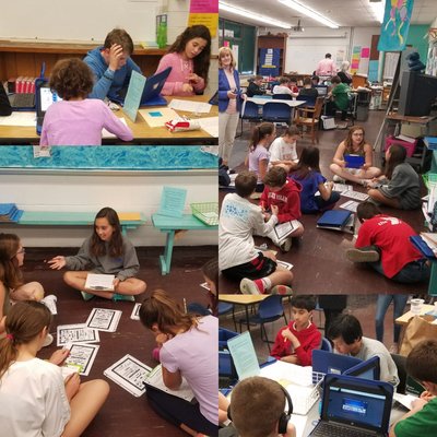 Several photos of students working on school work