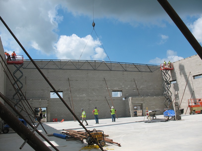 Photo of the First roof truss set.