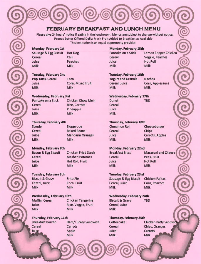 2021 February Breakfast and Lunch Menu
