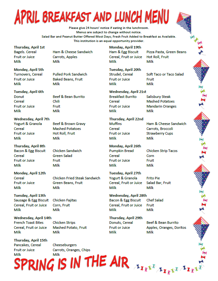2021 April Breakfast and Lunch Menu