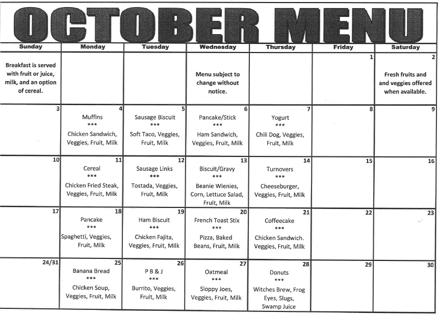 2021 October Breakfast and Lunch Menu