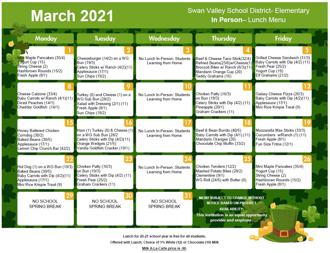 March 2021 Lunch Menu