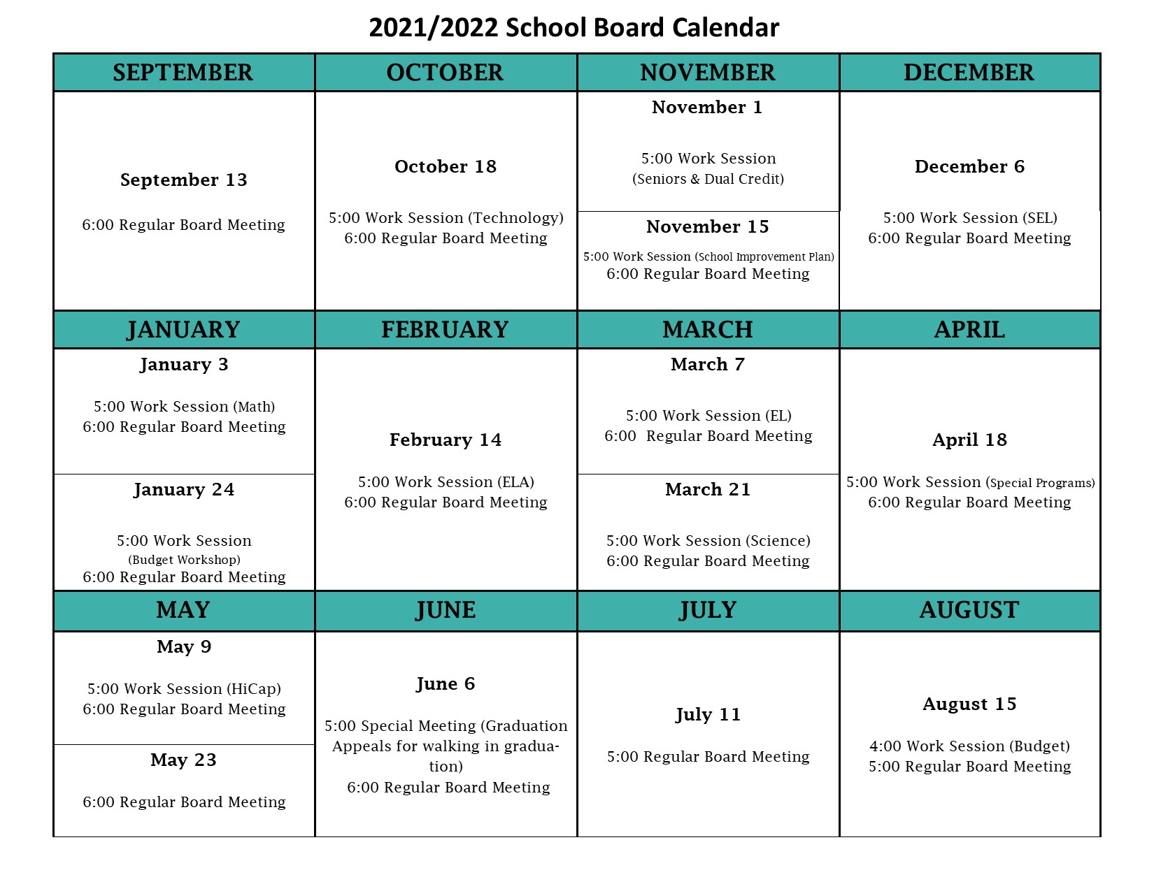2021-2022 Board Meeting Calendar