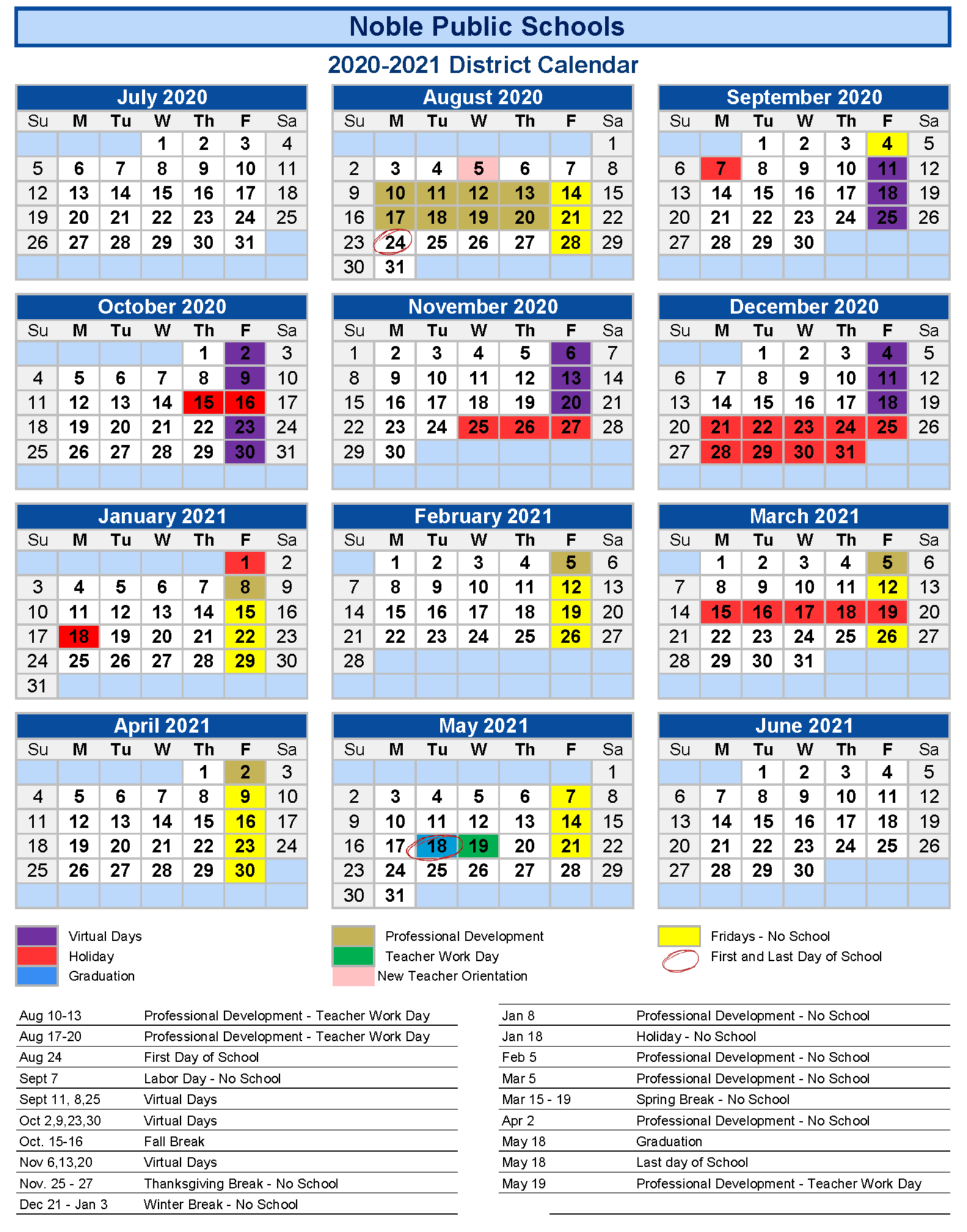 Calendar View Noble Public Schools
