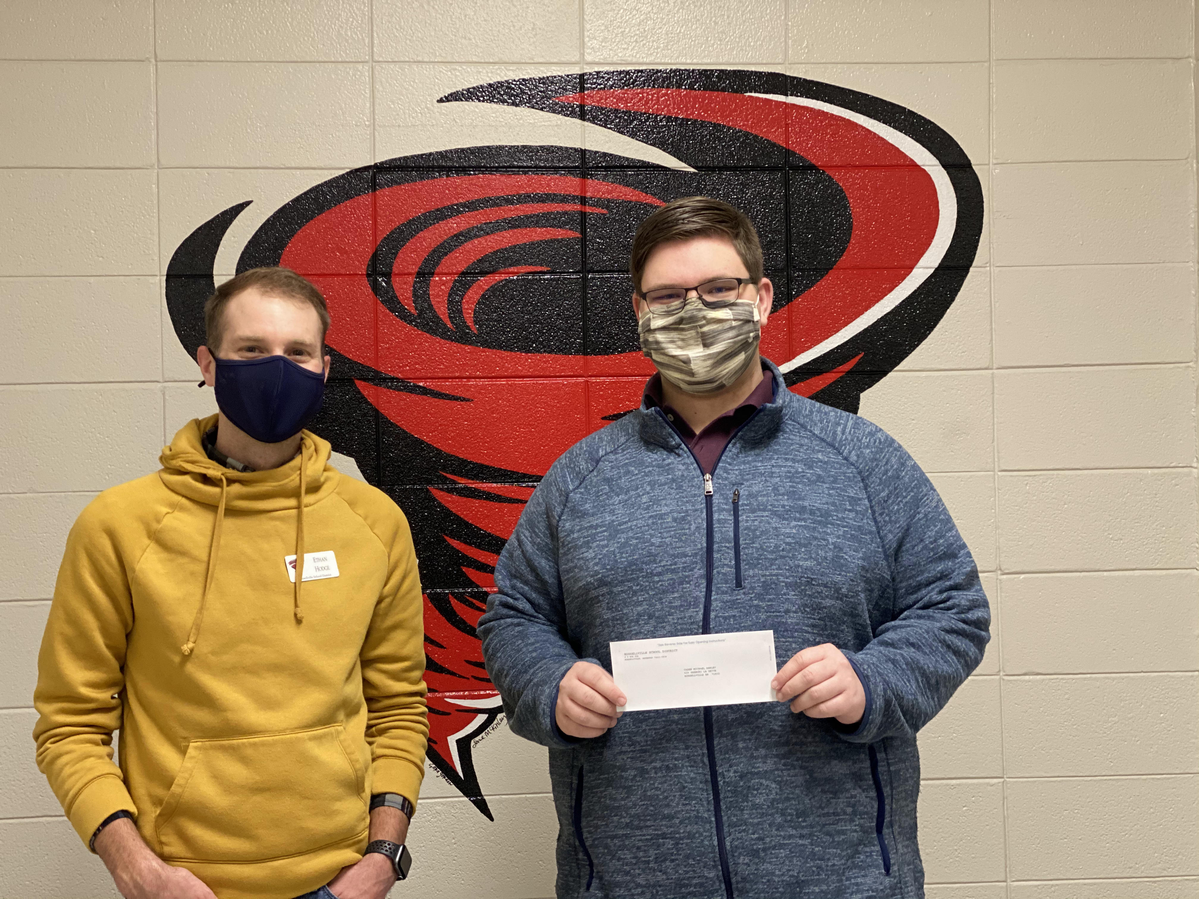 For a score of 3, Caden Bewley, $250 and $50 for the RHS Computer Science A classroom. Caden is majoring in Information Technology at Arkansas Tech University.
