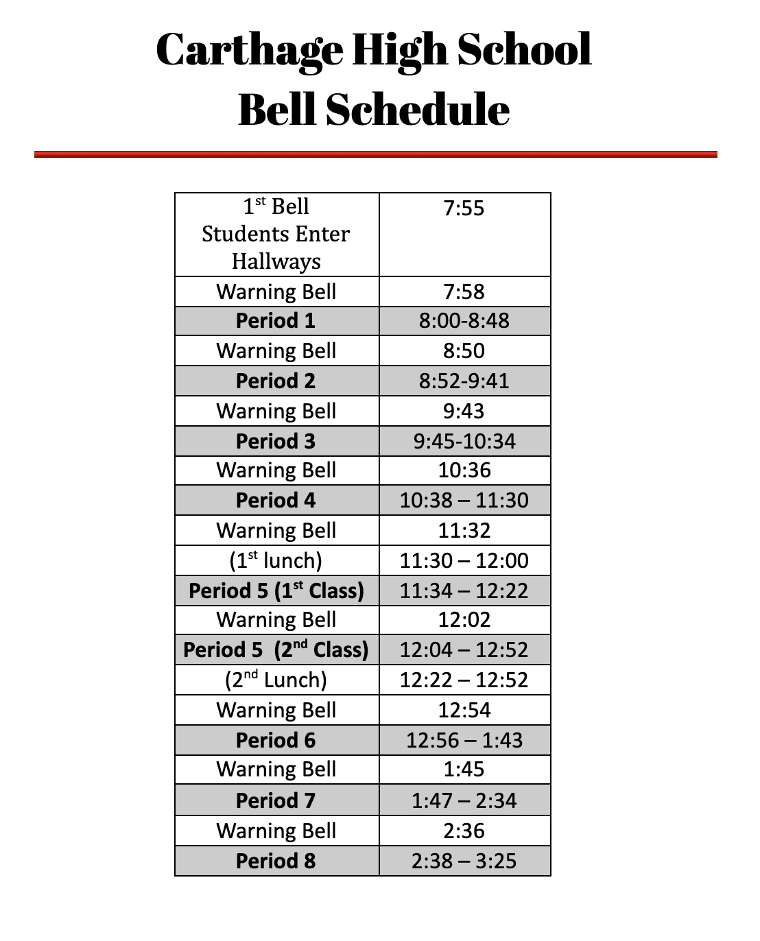 Bell Schedule Carthage High School