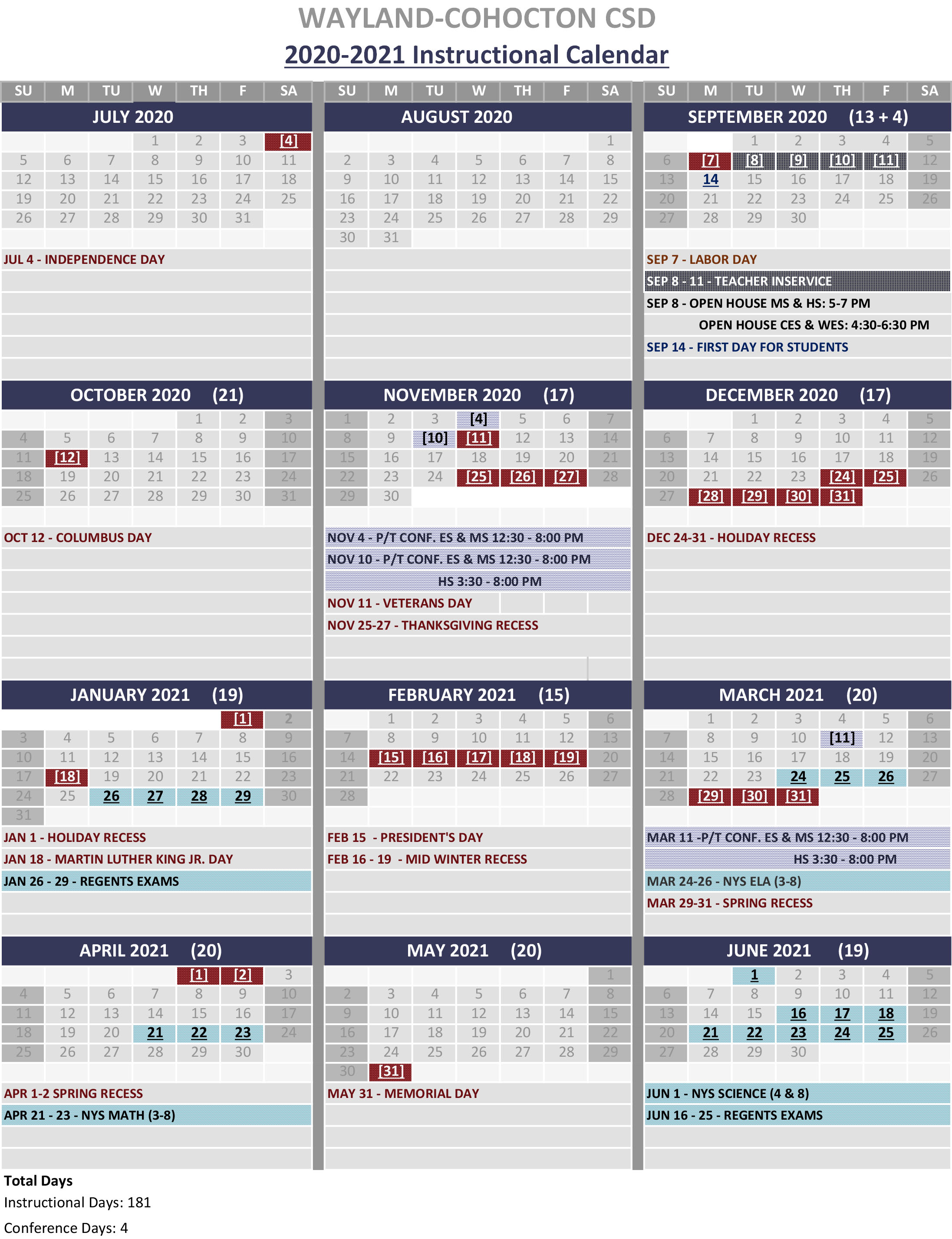 2020 - 2021 Instructional Calendar